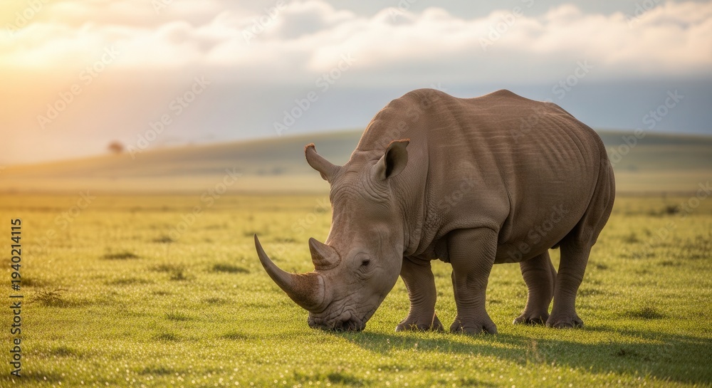 Fototapeta premium Majestic Rhinoceros Grazing in Vast African Grassland at Sunset