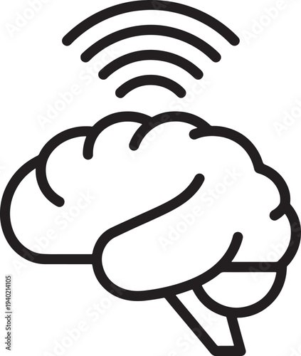 Black line of brain with signal waves human brain black and white line signal waves