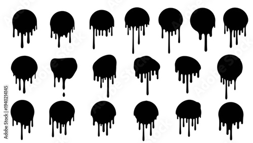 Black paint drips in various styles on white background
