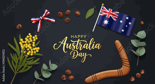 A festive collection of iconic Australian symbols arranged on a dark background, conveying a joyous celebration of national pride and heritage