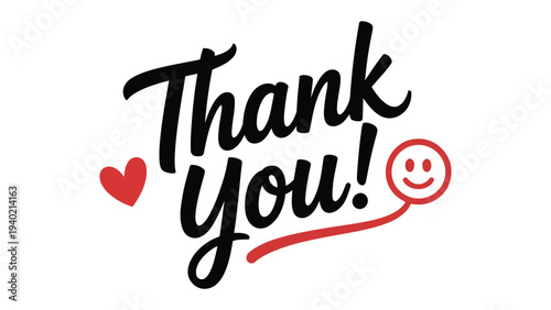 Thank You Hand Lettering Typography With Heart And Smiley Icon, Cute Appreciation Message Design In Modern Script Style For Greeting Card Banner Poster Sticker 