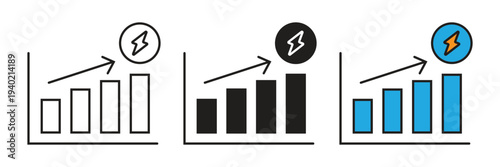 Energy Market And Productivity Chart Icon. Bar chart icons featuring a lightning bolt symbol and rising arrow, ideal for representing energy consumption, power efficiency, and productivity.