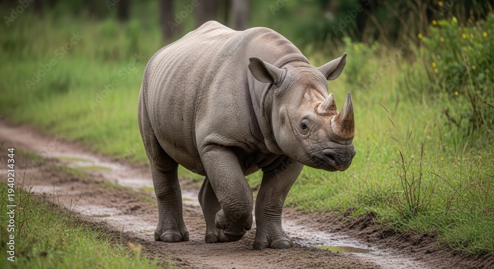 Fototapeta premium Majestic Rhinoceros Walking Through Lush Grassland in Natural Habitat