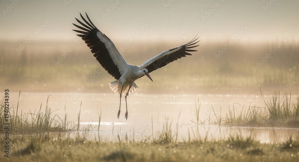Fototapeta premium Majestic Stork in Flight Over Wetland at Sunrise