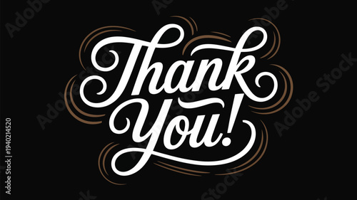  Elegant Thank You Calligraphy Typography With Decorative Swashes On Dark Background, Stylish Hand Lettering Appreciation Message Design For Greeting Card Banner Poster