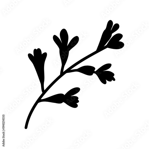 Black and white silhouette of a flowering plant branch on a white background