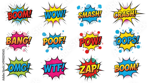 Vibrant comic book explosion sound effects in colorful pop art style