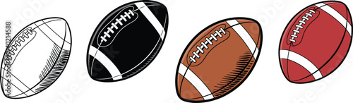American football ball collection with different colors isolated on white background sport equipment illustration rugby style leather ball vector set for sports design