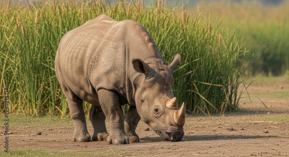 Fototapeta premium Majestic Rhinoceros Walking Through Grassland in Natural Habitat