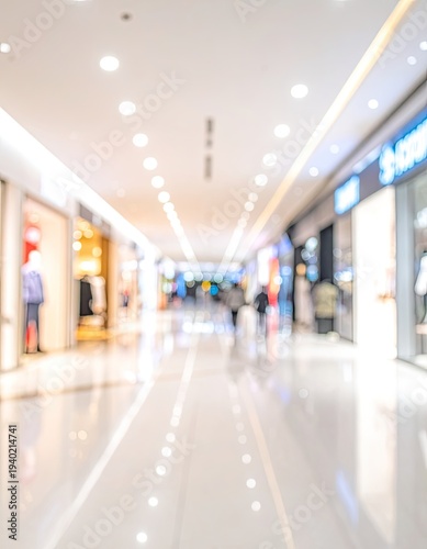 Brightly Lit, Blurred Indoor Shopping Mall Corridor with Shoppers