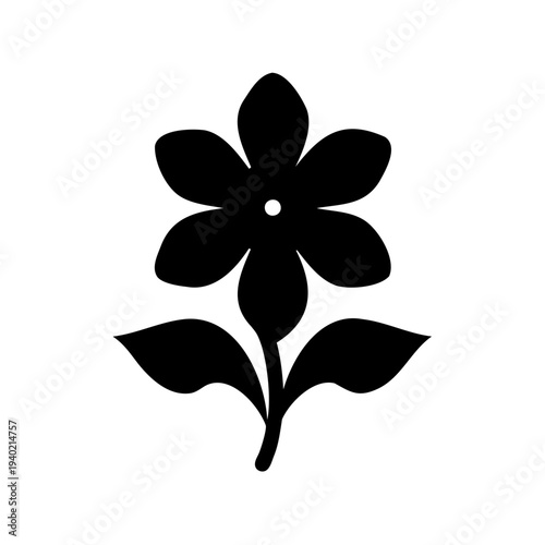 Simple Black and White Floral Design with Five Petals and Leaves