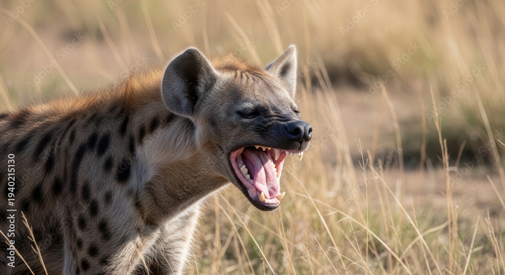 Obraz premium Majestic Hyena Roaring in Open Savannah During Sunset