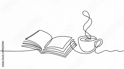 Steaming cup of coffee next to an open book in a simple line drawing style on white background