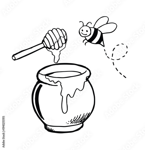 Hand drawn honey jar and cute bee drawing illustration