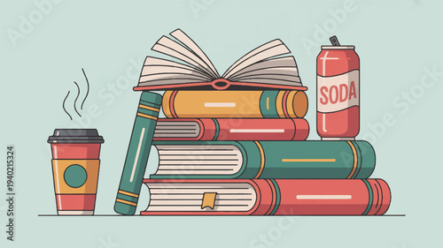 Stack of colorful books with open textbook steaming coffee cup and soda can on a table symbolizing study and relaxation