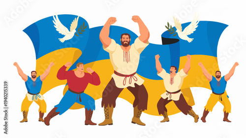 People dancing in traditional clothing with ukrainian flag and doves symbolizing peace and celebration