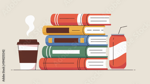 Stack of colorful books with coffee cup and soda can on a beige background symbolizing study and relaxation