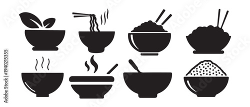 Asian Food Bowl Icons Set - Noodles, Rice, Soup Silhouette Vector Collection