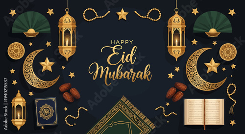 Elegant Eid Mubarak greeting card with golden lanterns, crescent moons, and stars, celebrating Islamic traditions and festive joy