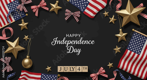 Festive American Independence Day celebration background with patriotic elements, US flags, golden stars, and ribbons, ideal for Fourth of July national holiday designs