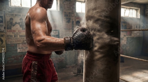 A muscular young Caucasian man in red shorts punches a boxing bag in a dimly lit gym. Dust flies from the impact, highlighting the intense training atmosphere.