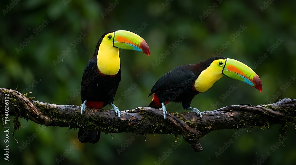 Fototapeta premium Two vibrant keel billed toucans perched closely together on a mossy jungle branch