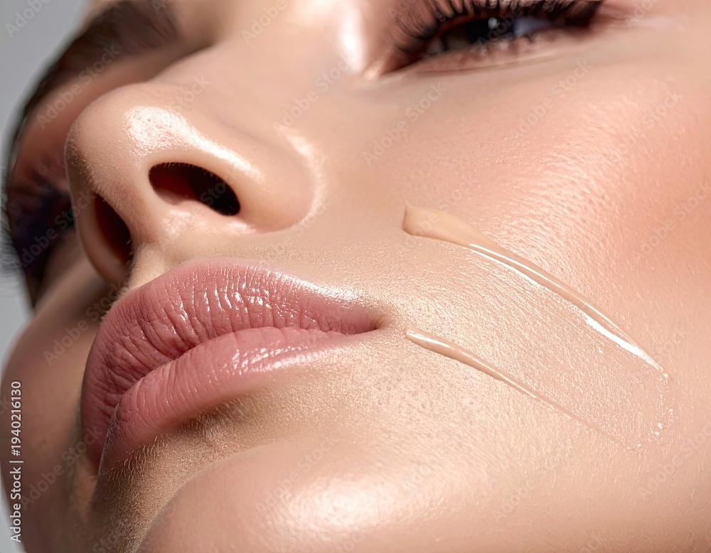 Fototapeta premium Close-up of flawless skin texture with liquid foundation swatches applied to the cheek area near the nose and glossy lips.