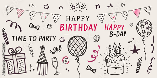 Festive birthday doodles with balloons cake and celebratory decorations