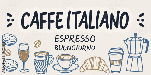 A charming illustration showcasing italian coffee pastries and morning greetings