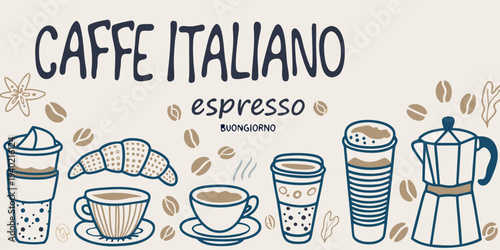 Caffe italiano illustration featuring espresso pastries and coffee brewing tools