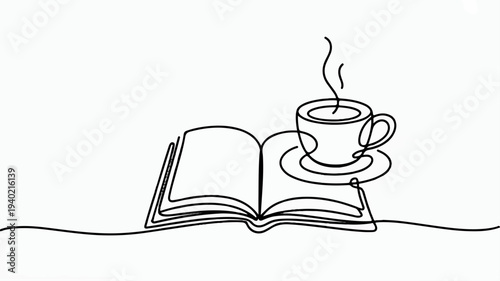 Steaming cup of coffee on top of an open book simple line art illustration for coffee and reading concept
