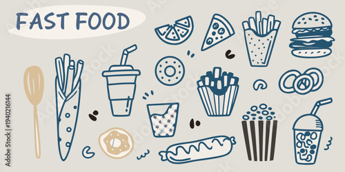 Colorful hand drawn illustration of various fast food items and treats