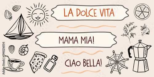 Italian themed doodle art with sun coffee and travel elements