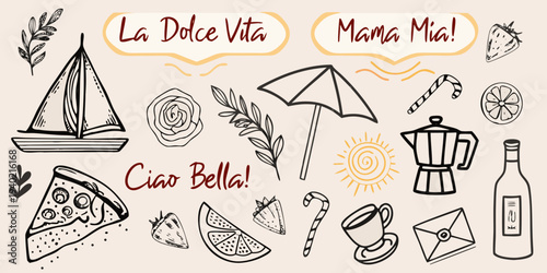 Italian themed doodles including food travel and celebratory elements