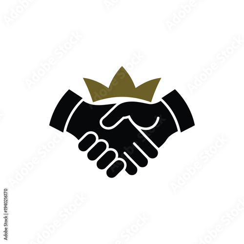 A graphic of two hands shaking with a crown positioned above them