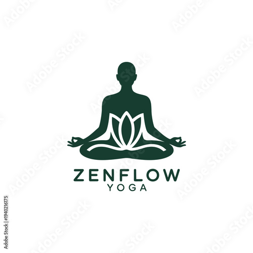 Silhouette of a person meditating in lotus position with zenflow yoga text