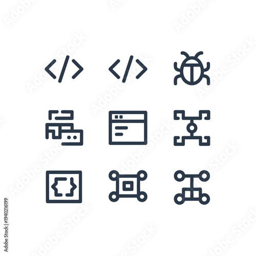 Minimalist icons representing software development debugging and network concepts