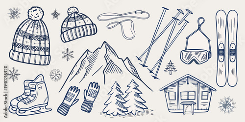 Winter sports equipment and mountain landscape sketch illustration