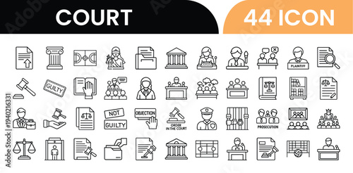 Collection of 44 court related icons in simple line art style