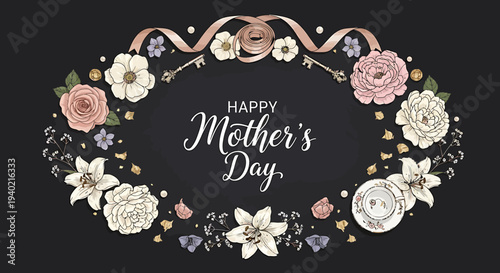 Elegant Mother's Day greeting card featuring a floral wreath and festive lettering against a dark background