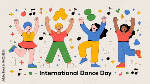 Diverse people dancing together celebrating international dance day with colorful confetti and lively atmosphere