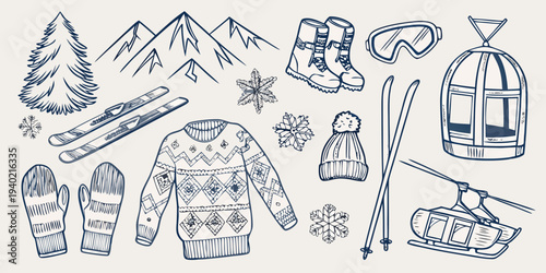 Winter sports equipment and clothing illustrated in a sketch style