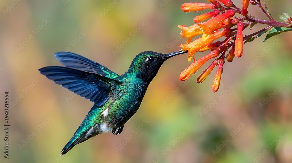 Fototapeta premium A vibrant iridescent green hummingbird hovers gracefully, feeding nectar from a cluster of orange tubular flowers.