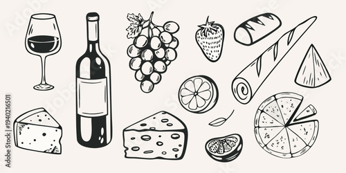 A charming hand drawn illustration of wine cheese fruit and bread