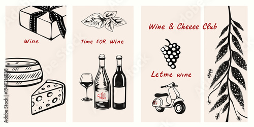 Wine and cheese themed illustrations with decorative elements for promotions