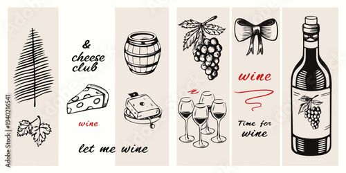 Illustrative set of wine and cheese elements in a sketched style