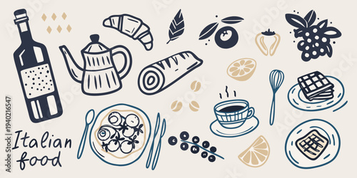 Stylized illustration of food items including pastries fruit and beverages