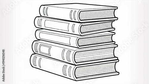Stack of hardcover books with embossed spines and textured covers detailed illustration in black and white