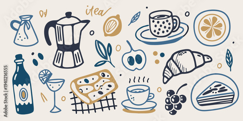 A colorful hand drawn illustration of coffee tea and breakfast items
