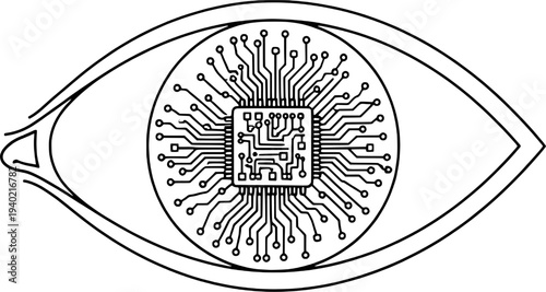 Future technology eye icon, human iris with circuit board illustration.